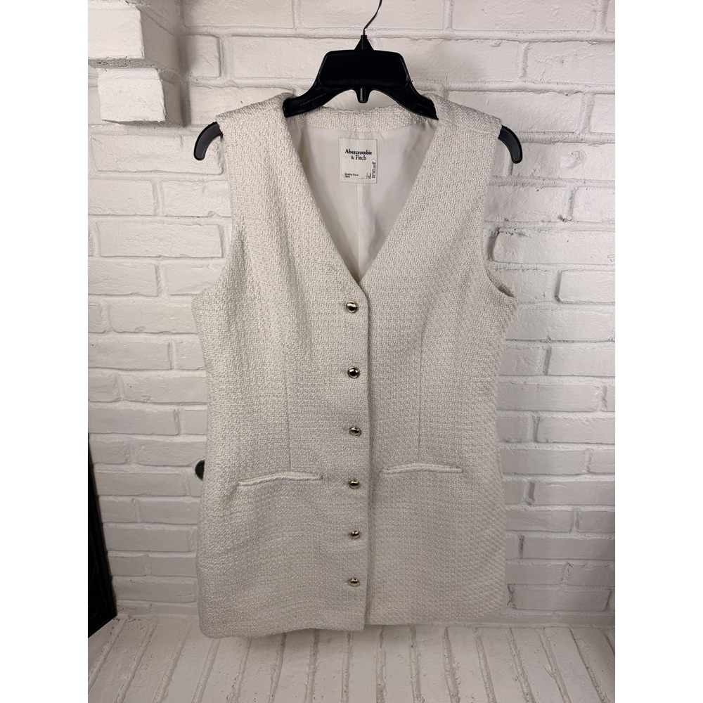 Tweed Dress Abercrombie & Fitch L Cream Gold Button Sleeveless Mini Dress